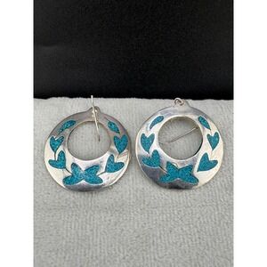 Vintage Alpaca Mexico Earrings Silver Tone Turquoise Dust Inlay Pierced Signed